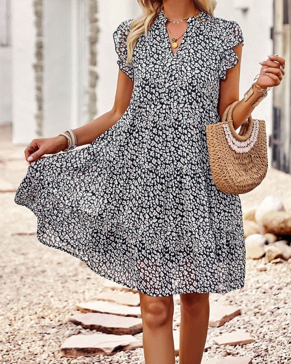 flowersverse Floral Flutter Sleeve Notched Neck Tiered Dress