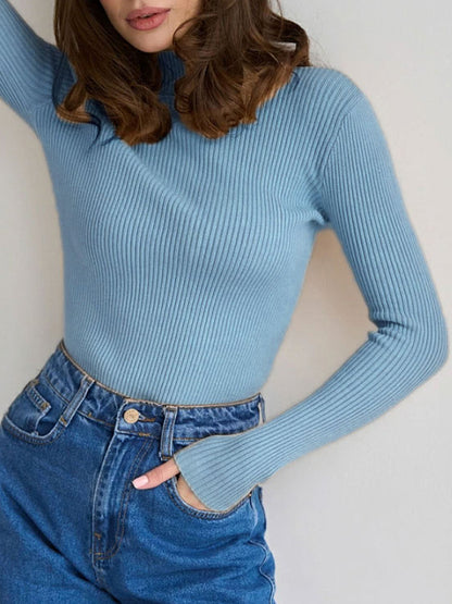 flowersverse Solid Color Split-Joint Long Sleeves Skinny High Neck Sweater Tops