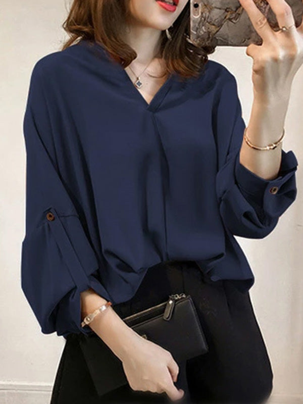 flowersverse Casual Long Sleeves Loose Solid Color V-Neck Blouses&Shirts Tops