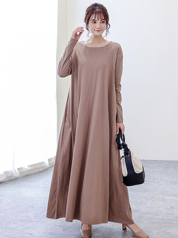 flowersverse Simple 6 Colors Plus Size Loose Long Sleeve Casual Dress