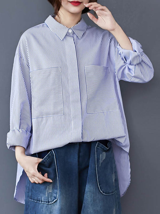 flowersverse Loose Casual Striped Split-Joint With Pocket Lapel Collar Long Sleeves Blouse