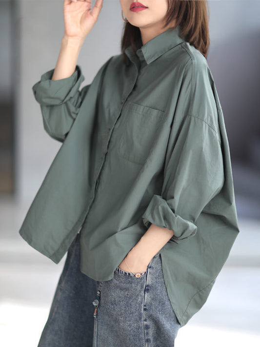 flowersverse Solid Color High-low Long Sleeves Lapel Blouses&shirts Tops