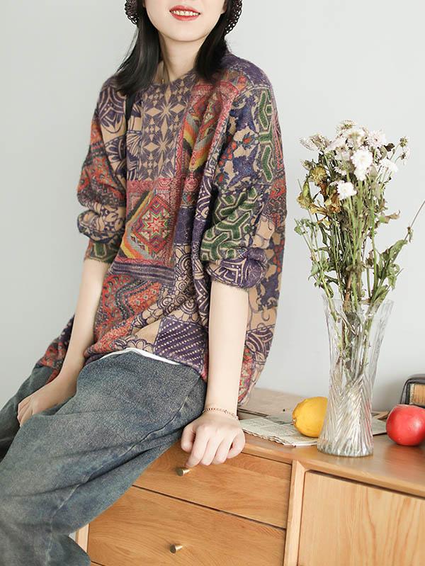 flowersverse Ethnic Style Round Neck Print Sweater