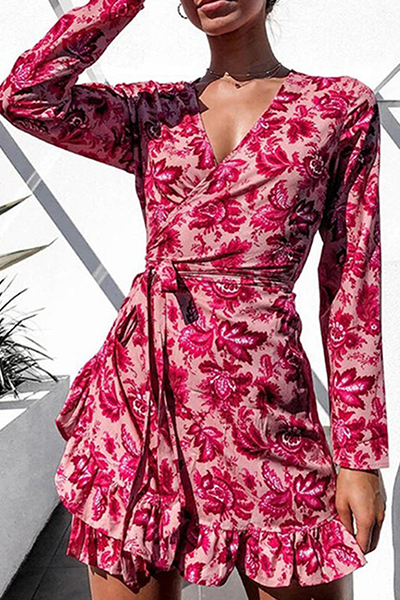 flowersverse Casual Floral Flounce Strap Design V Neck Dresses