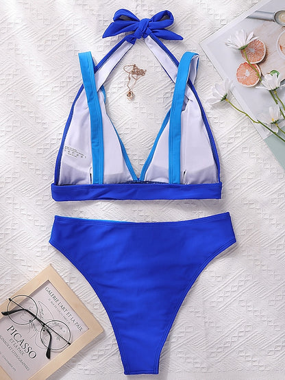 flowersverse Women's Swimwear Bikini Normal Swimsuit 2 Piece Color Block Blue Green Khaki Bathing Suits Sports Summer