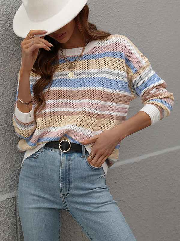 flowersverse Original Long Sleeves Loose Contrast Color Striped Round-Neck Sweater Tops