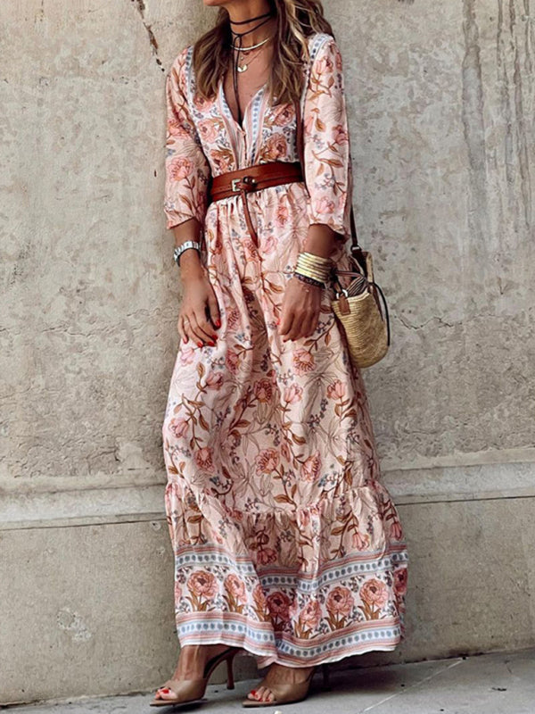 flowersverse Women's Casual Temperament Bohemian Mid-Length Printed Dress