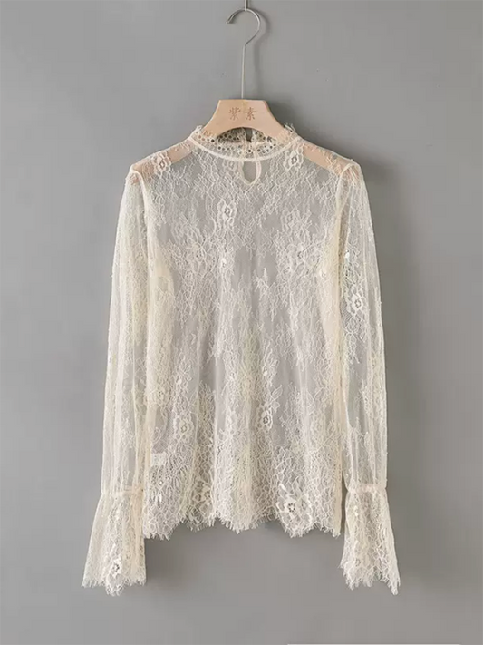 flowersverse Casual Loose Mesh Solid Color High-Neck Shirt Top