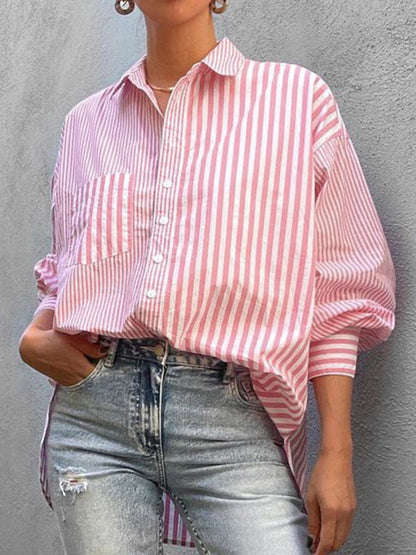 flowersverse Urban Loose Striped Lapel Collar Blouses&Shirts Tops