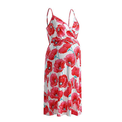 flowersverse Women‘s Baby Shower Maternity Dress Casual Dress Floral Dress Slip Dress Floral Midi Dress Sleeveless Backless Print Strap Basic Holiday Red Light Sky Blue Spring Summer S M L XL XXL