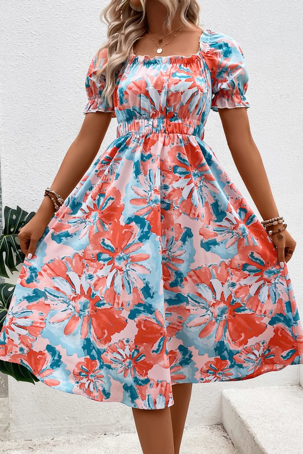 flowersverse Vibrant Floral Frill Trim Square Neck Midi Dress