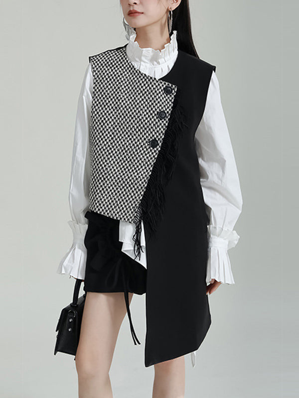 flowersverse Asymmetric Buttoned Houndstooth Ruffle Sleeves Sleeveless Vest Outerwear