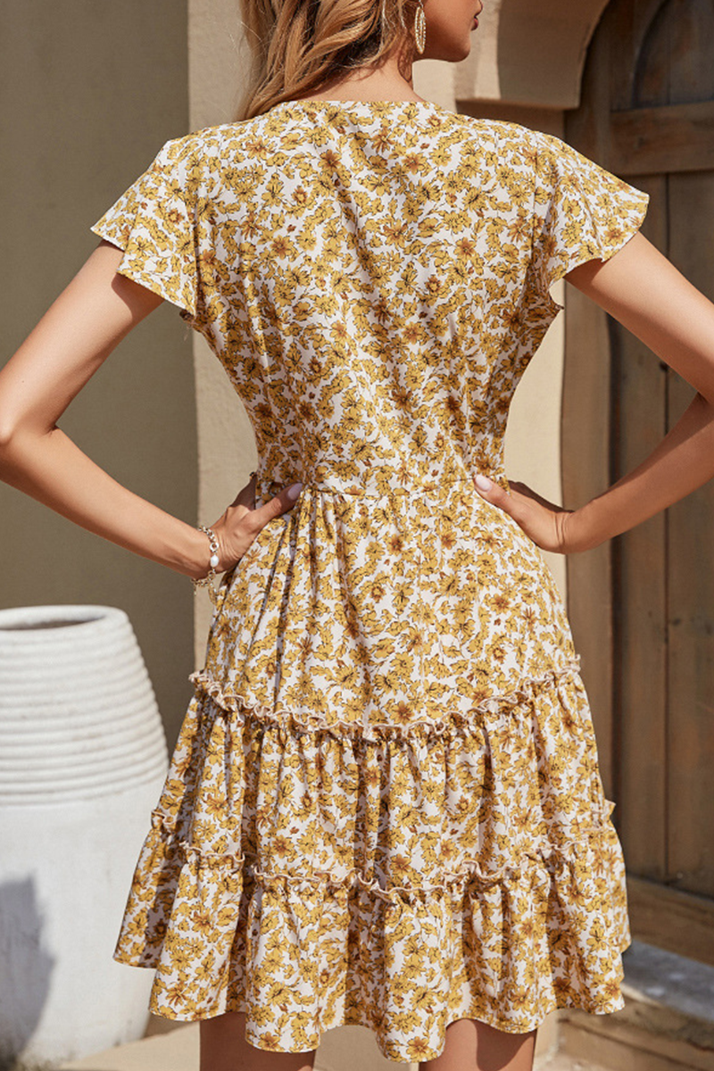 flowersverse Fashion Elegant Floral Buckle Flounce V Neck A Line Dresses