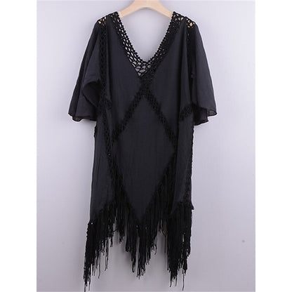 flowersverse Women's Cover Up Beach Dress Beach Wear Mini Dress Tassel Fringe Hollow Out Hot Casual Solid Color Deep V Short Sleeve Slim Vacation Going out Black Blue  Fall One Size