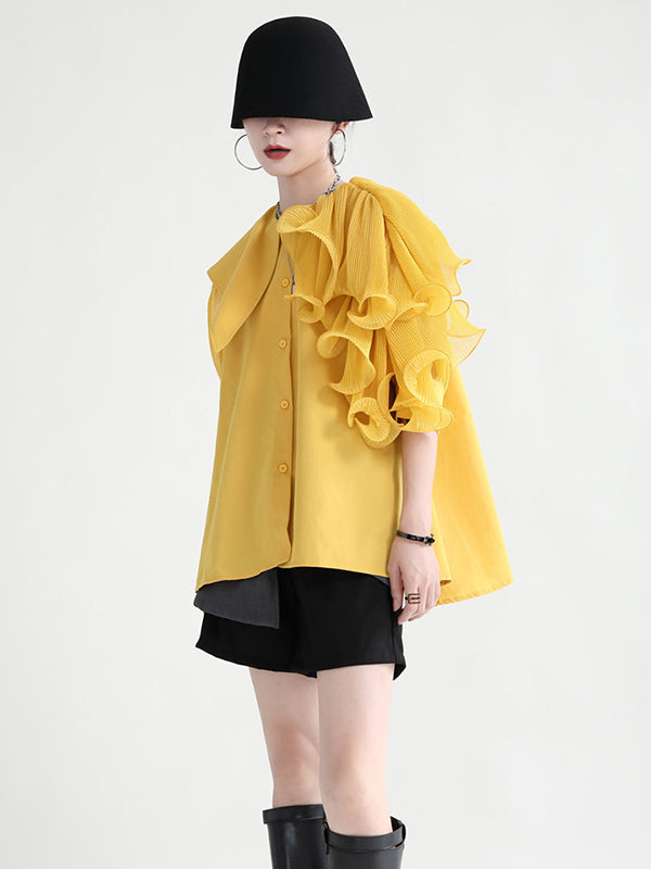 flowersverse Stylish Asymmetric Split-Joint Falbala With Belted Half Sleeves Blouses