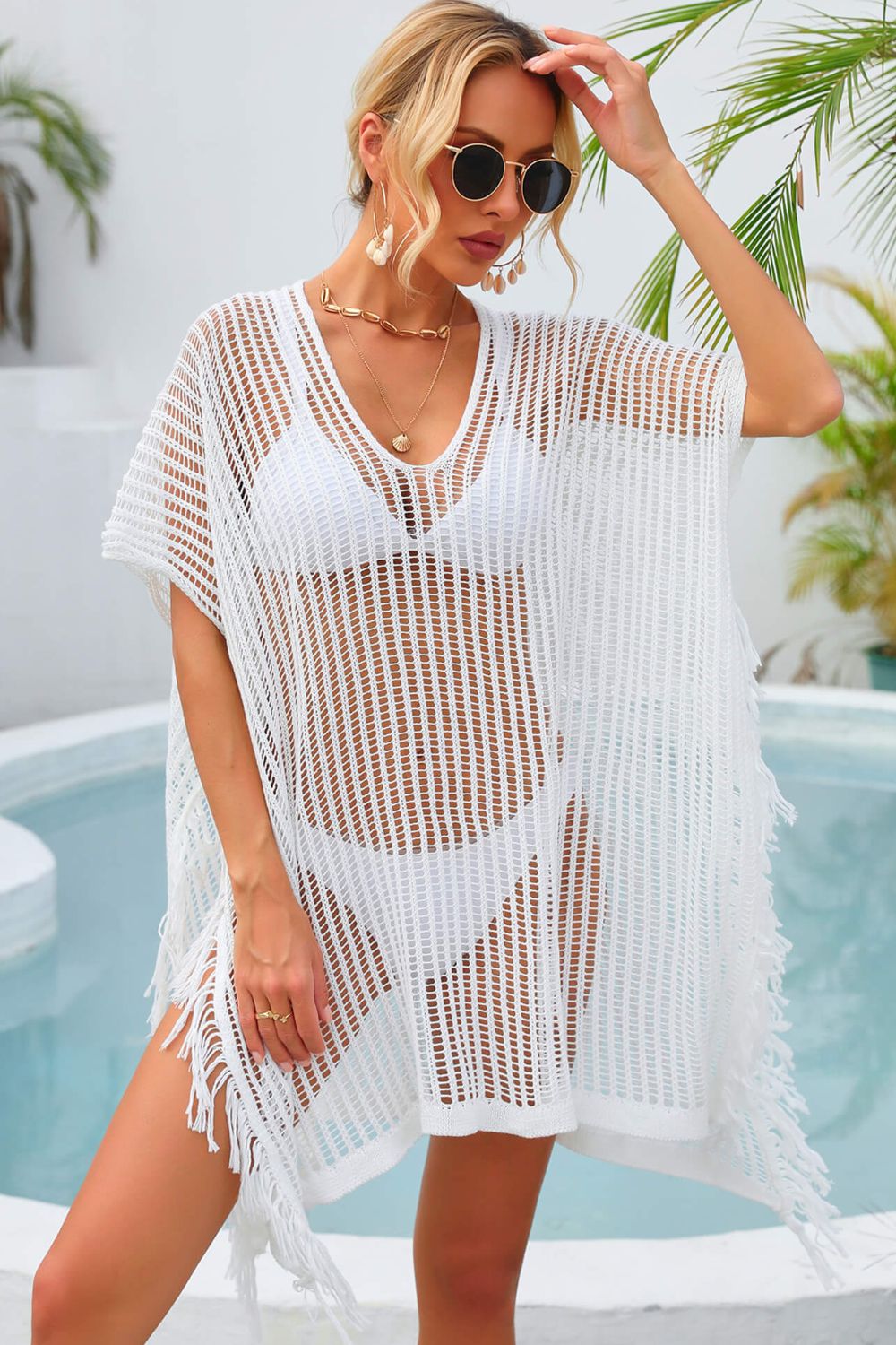 flowersverse Fringe Trim Openwork Cover Up