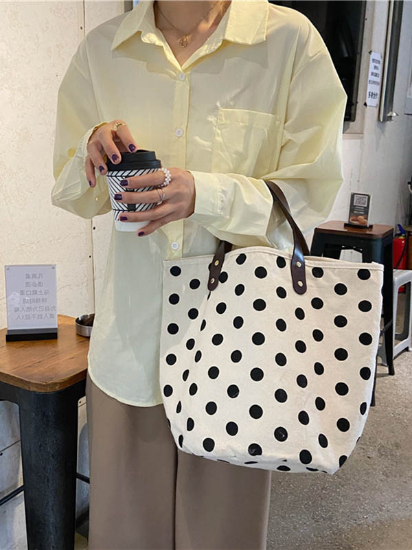 flowersverse Vintage Canvas Polka-Dot Printed Makeup Tote Bag Bucket Bag