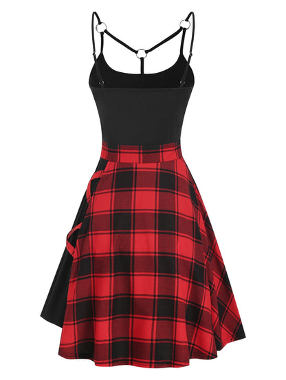 flowersverse Gothic Casual Dress Plus Size 3XL Tartan Plaid Panel Crisscross Cami A Line Dress Sleeveless High Waist Mini Party Dress