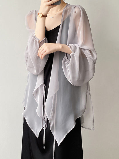 flowersverse Bishop Sleeve Long Sleeves See-Through Split-Joint Tied Collarless Blouses&Shirts Tops