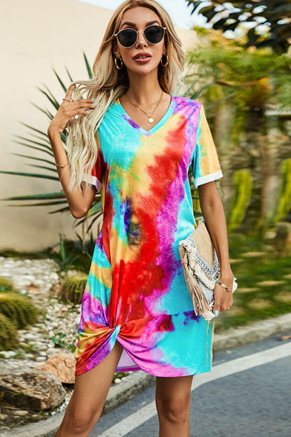 flowersverse Casual Twisted V-Neck Tie-Dye Short Sleeve Mini Dress