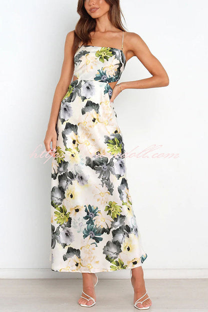 flowersverse Garden Party Floral Satin Cut Out Back Lace-up Maxi Dress