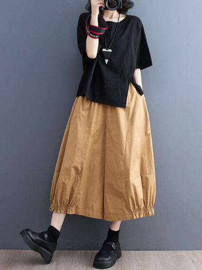 flowersverse Solid Color Split-Joint Ninth Pants Wide Leg Casual Pants Bottoms