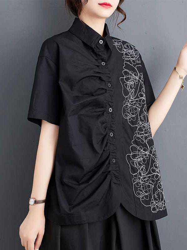 flowersverse Buttoned Embroidered Pleated Irregularity Loose Lapel Collar Blouses&Shirts Tops