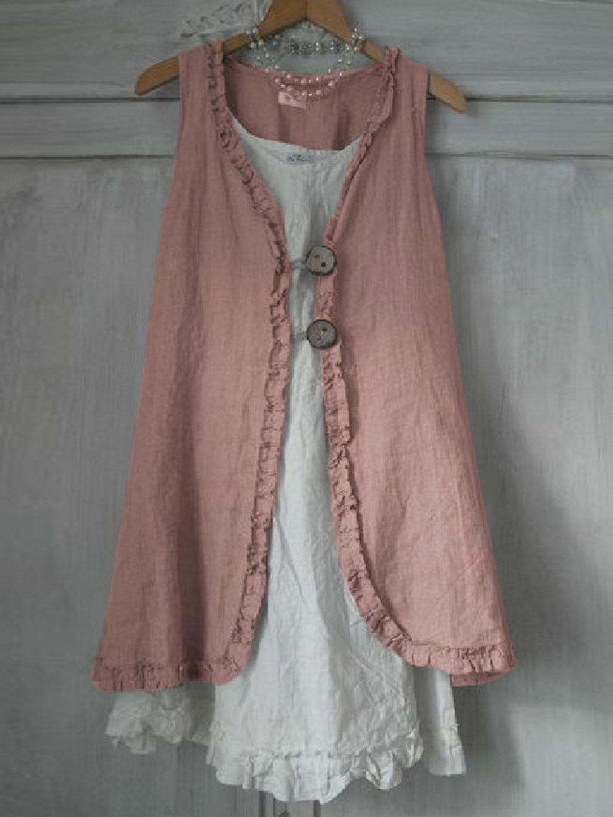 flowersverse Buttoned Ruffled Sleeveless Linen Solid Shirts & Tops Linen