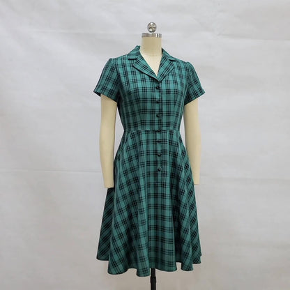 flowersverse Women Retro Button British Plaid Dress