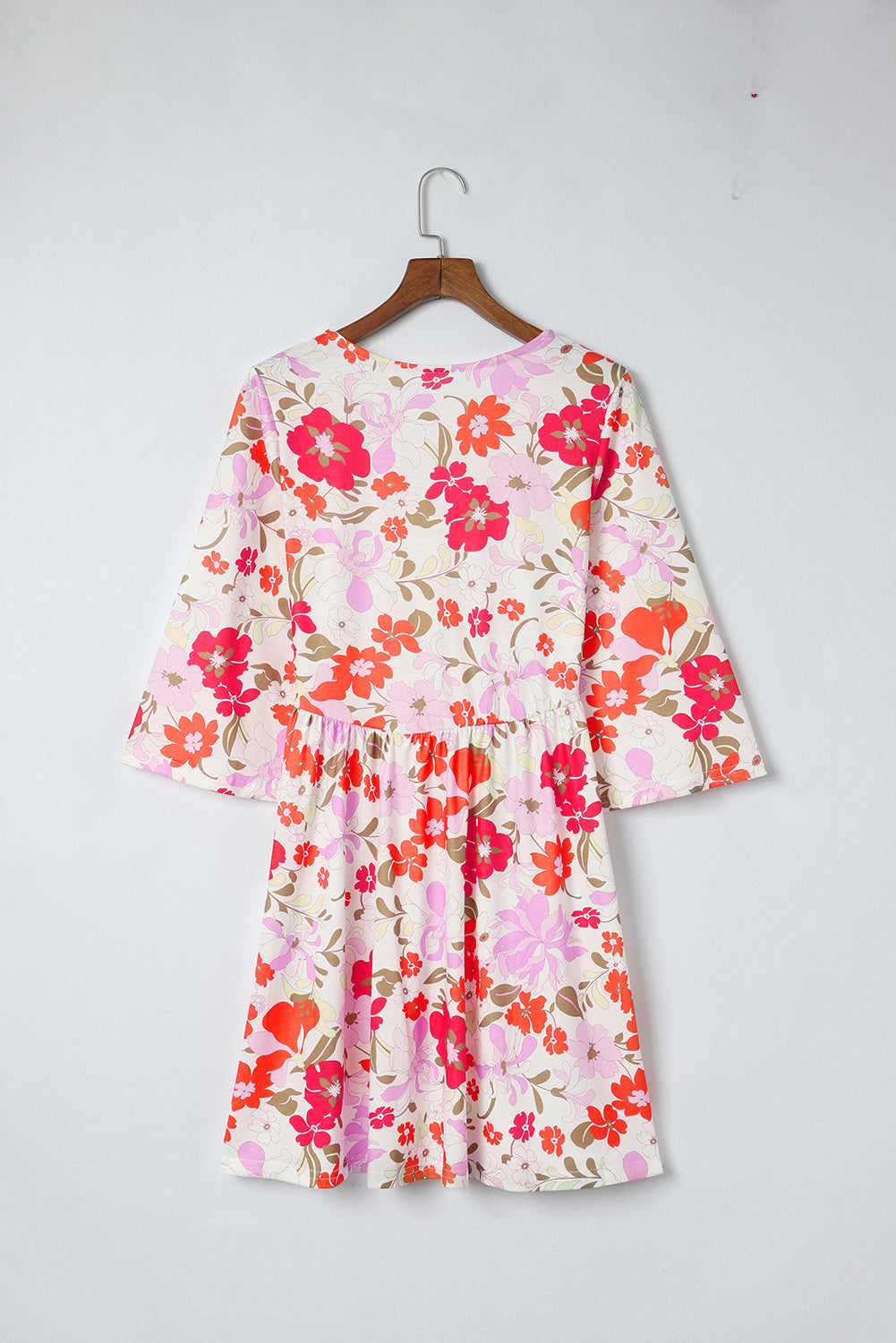 flowersverse Orange V Neck 3/4 Sleeve Floral Dress