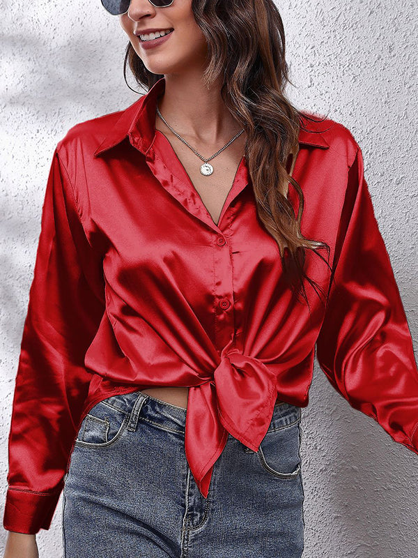 flowersverse Solid Color Long Sleeves Loose Lapel Blouses&Shirts Tops