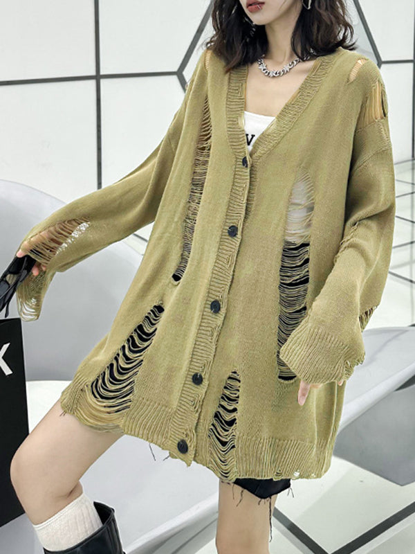 flowersverse Hollow Split-Joint Long Sleeves Loose V-Neck Cardigan Coats