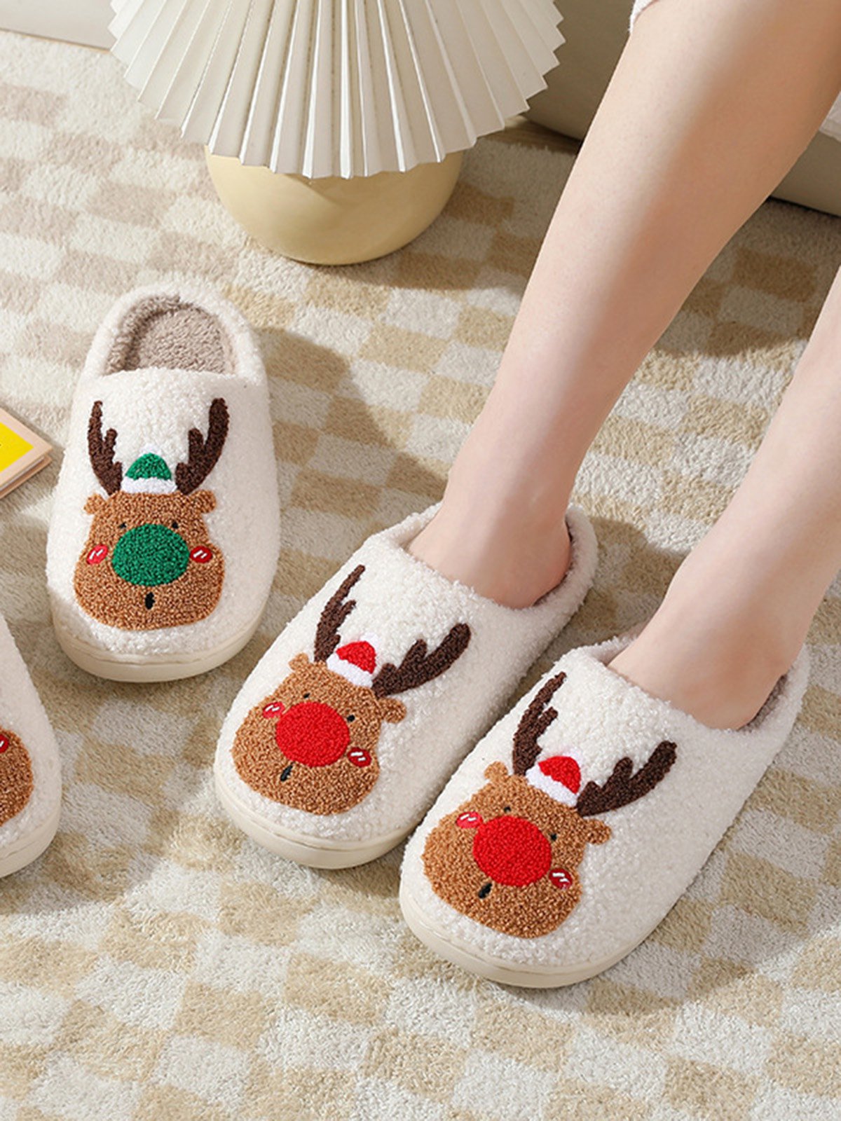 flowersverse Christmas Elk Warm Furry Slippers