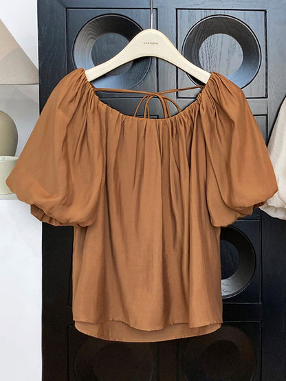 flowersverse Original Off-The-Shoulder Solid Color Pleated Puff Sleeves Tunic Top