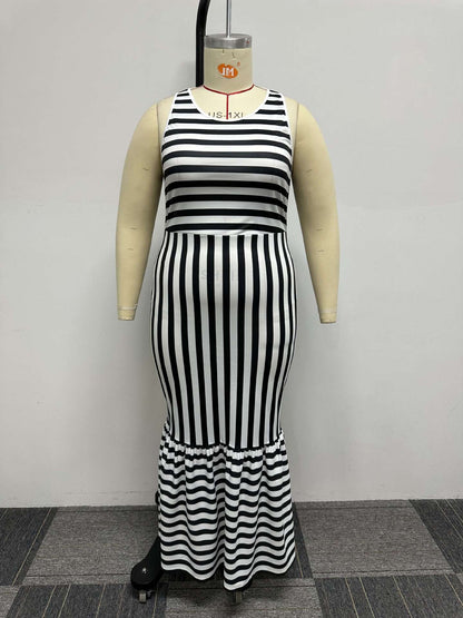 flowersverse Sexy Slim Stripe Patchwork Plus Size Tank Dress Maternity Dress