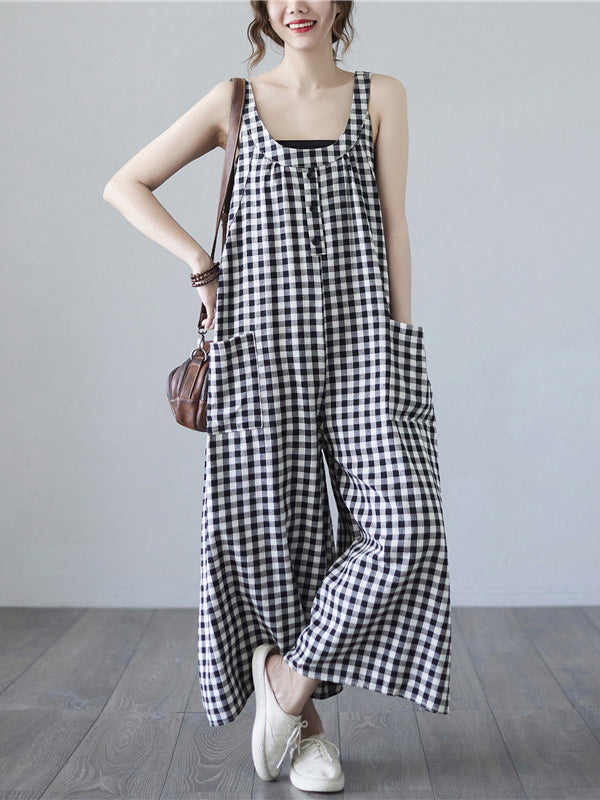 flowersverse Original Simple Casual Artistic Retro Plaid Wide Legs Jumpsuits