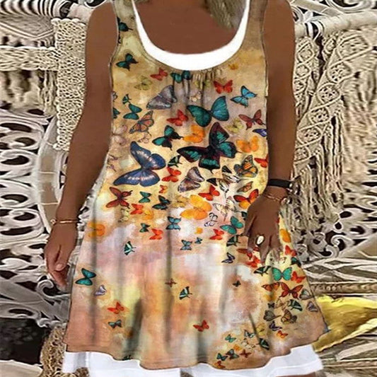 flowersverse Casual Printed Sleeveless Dress with Crew Neck for Women's Clothing