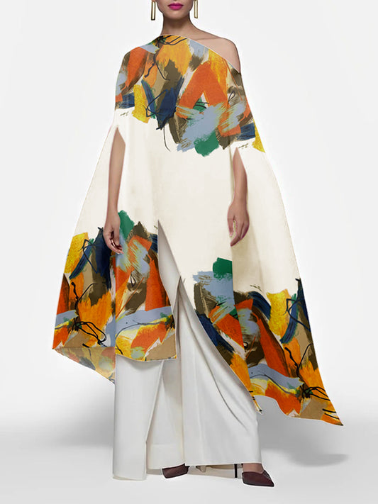 flowersverse Batwing Sleeves Half Sleeves Abstract Printed Contrast Color Printed One-Shoulder Blouses&Shirts Tops