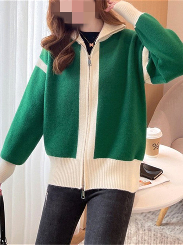 flowersverse Casual Long Sleeves Contrast Color Zipper Stand Collar Cardigan Tops