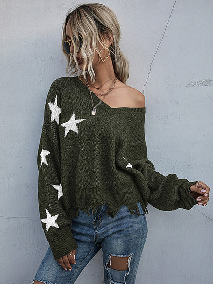 flowersverse Casual Loose Patchwork V-Neck Sweater Top