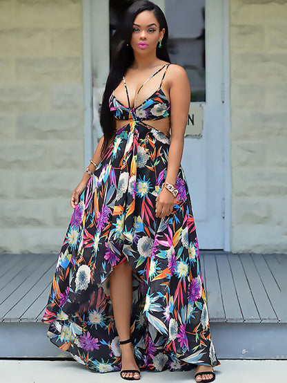 flowersverse Floral Print Halter Asymmetrical Boho Midi Dress