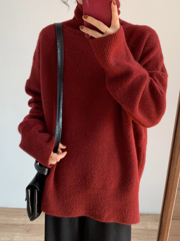 flowersverse Solid Color Split-Side Long Sleeves Loose High-Neck Sweater Tops Pullovers Knitwear