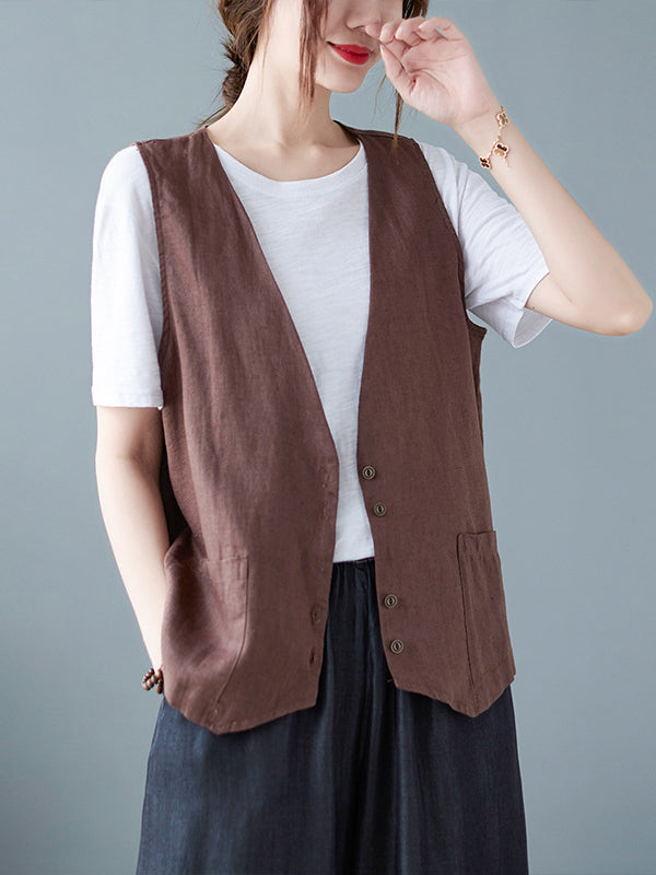 flowersverse Simple Loose V-Neck Solid Color Vest