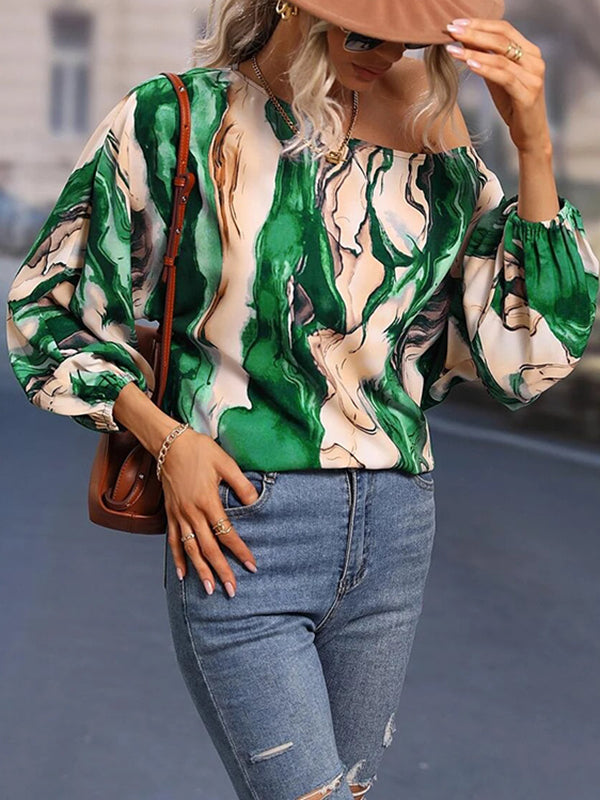 flowersverse Asymmetric Printed Long Sleeves Loose One-Shoulder Blouses&Shirts Tops