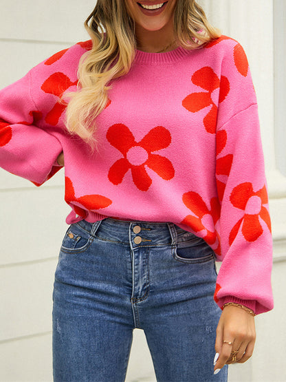 flowersverse Knitted Flower Long Sleeves Loose Round-Neck Sweater Tops Pullovers Knitwear