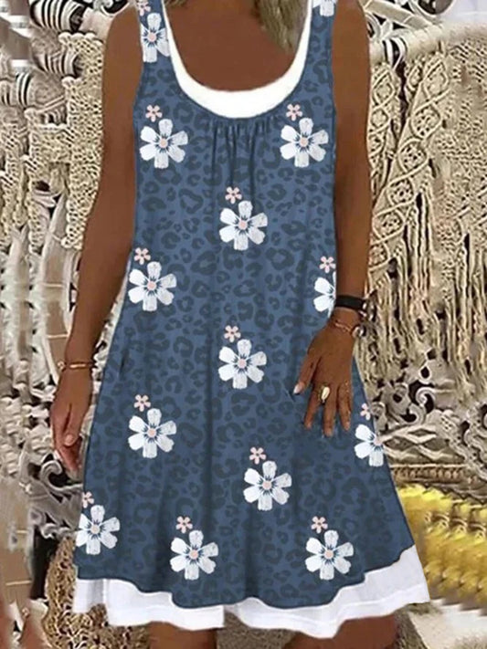 flowersverse Floral Casual Patchwork Loosen Sleeveless A-line Dress