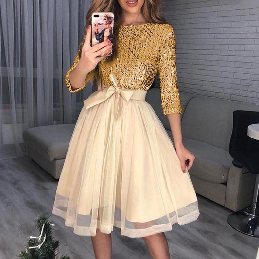 flowersverse Women Sequin Mesh Patchwork A-line Party Dress Sequins Tight Waist Layered Mesh Dress Elegant Ladies 3/4 Sleeve formal Dresses