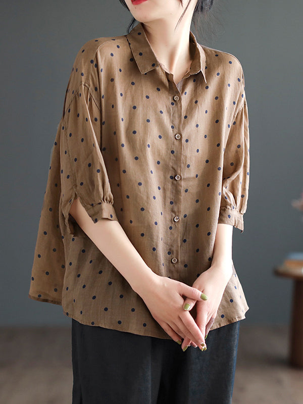 flowersverse Polka-Dot Half Sleeves Loose Lapel Blouses&shirts Tops