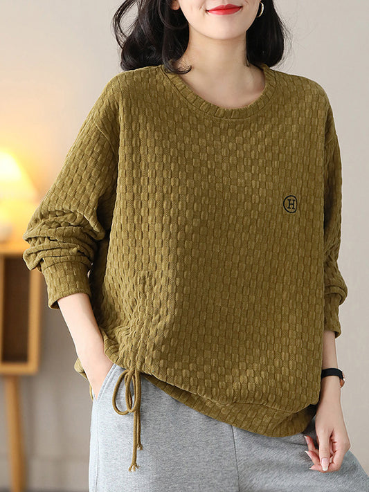 flowersverse Casual Loose Long Sleeves Drawstring Solid Color Textured Round-Neck Hoodies&Sweatshirt Tops