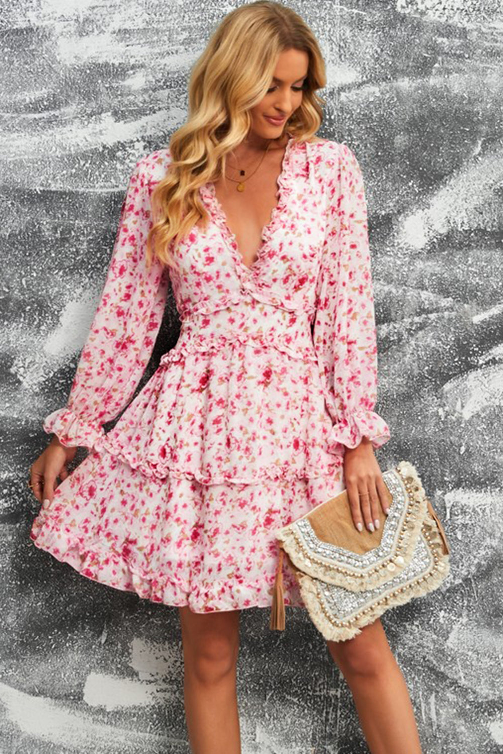 flowersverse Classy Floral Frill Trim Plunge Flounce Sleeve Mini Dress